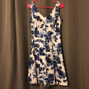 Blue Flower Print Fit and Flare Dress